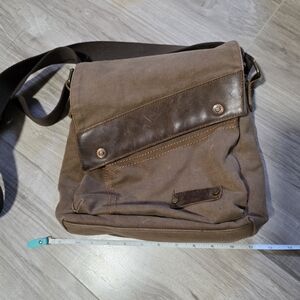 Brown Canvas Messenger Bag with Leather Trim